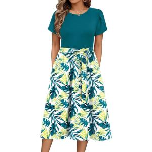 Zeagoo Womens Midi Dress Summer Short Sleeve Dress with Pockets 2025 Casual Floral T-Shirt Dress Flowy Beach Sundress(Bluegreen-floral)