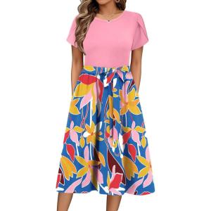 Zeagoo Womens Midi Dress Summer Short Sleeve Dress with Pockets 2025 Casual Floral T-Shirt Dress Flowy Beach Sundress(Pink-color Floral)