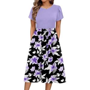 Zeagoo Womens Midi Dress Summer Short Sleeve Dress with Pockets 2025 Casual Floral T-Shirt Dress Flowy Beach Sundress(Pruple-floral)