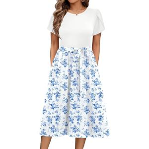 Zeagoo Womens Midi Dress Summer Short Sleeve Dress with Pockets 2025 Casual Floral T-Shirt Dress Flowy Beach Sundress(White Blue-floral)