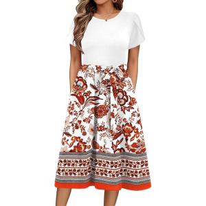 Zeagoo Womens Midi Dress Summer Short Sleeve Dress with Pockets 2025 Casual Floral T-Shirt Dress Flowy Beach Sundress(White-red Floral)
