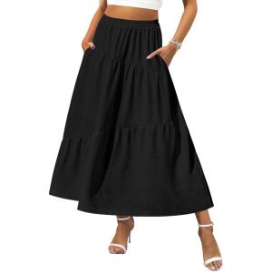 Zeagoo Women’s Midi Summer 2025 Boho Elastic High Waist A-Line Flowy Swing Asymmetric Tiered Skirt Dress with Pockets(01-black)