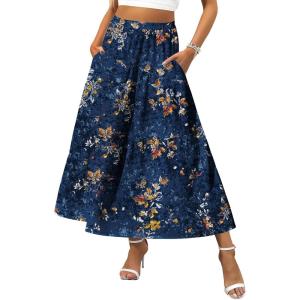 Zeagoo Women’s Midi Summer 2025 Boho Elastic High Waist A-Line Flowy Swing Asymmetric Tiered Skirt Dress with Pockets(01-navy Blue Floral)
