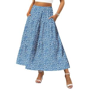 Zeagoo Women’s Midi Summer 2025 Boho Elastic High Waist A-Line Flowy Swing Asymmetric Tiered Skirt Dress with Pockets(01-royal Blue Floral)