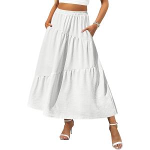 Zeagoo Women’s Midi Summer 2025 Boho Elastic High Waist A-Line Flowy Swing Asymmetric Tiered Skirt Dress with Pockets(01-white)