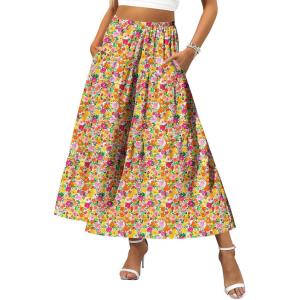 Zeagoo Women’s Midi Summer 2025 Boho Elastic High Waist A-Line Flowy Swing Asymmetric Tiered Skirt Dress with Pockets(Color Pattern 1)