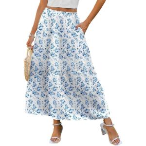 Zeagoo Women’s Midi Summer 2025 Boho Elastic High Waist A-Line Flowy Swing Asymmetric Tiered Skirt Dress with Pockets(Light Blue Floral)