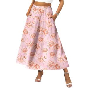 Zeagoo Women’s Midi Summer 2025 Boho Elastic High Waist A-Line Flowy Swing Asymmetric Tiered Skirt Dress with Pockets(Light Red Floral)