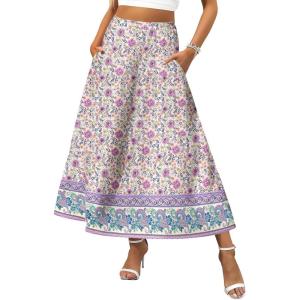 Zeagoo Women’s Midi Summer 2025 Boho Elastic High Waist A-Line Flowy Swing Asymmetric Tiered Skirt Dress with Pockets(Purple Floral)