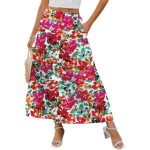 Zeagoo Women’s Midi Summer 2025 Boho Elastic High Waist A-Line Flowy Swing Asymmetric Tiered Skirt Dress with Pockets(Red Floral 1)