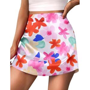 Zeagoo Womens Mini Skirts Elastic High Waisted Skirts Stain A-Line Zipper Party Club Skirt 2025(Colorful Floral)