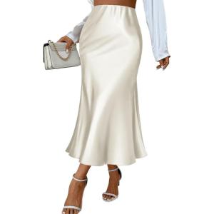 Zeagoo Womens Satin Skirt High Waist Midi Skirt Flowy Hem Silk Skirts Casual Summer Slip Skirt(Beige)