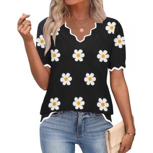 Zeagoo Women’s Short Sleeve Sweater 2026 Spring Summer V Neck Lightweight Tops Dressy Blouses Business Casual Outfits(A-flower Black)