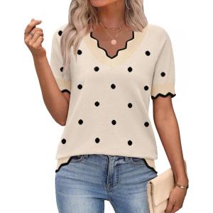 Zeagoo Women’s Short Sleeve Sweater 2026 Spring Summer V Neck Lightweight Tops Dressy Blouses Business Casual Outfits(A-khaki Polka Dot)