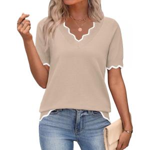 Zeagoo Women’s Short Sleeve Sweater 2026 Spring Summer V Neck Lightweight Tops Dressy Blouses Business Casual Outfits(Apricot)