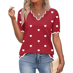 Zeagoo Women’s Short Sleeve Sweater 2026 Spring Summer V Neck Lightweight Tops Dressy Blouses Business Casual Outfits(A-red White Heart)