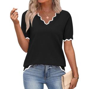 Zeagoo Women’s Short Sleeve Sweater 2026 Spring Summer V Neck Lightweight Tops Dressy Blouses Business Casual Outfits(Black)