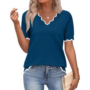 Zeagoo Women’s Short Sleeve Sweater 2026 Spring Summer V Neck Lightweight Tops Dressy Blouses Business Casual Outfits(Dark Blue)