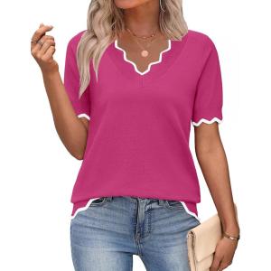 Zeagoo Women’s Short Sleeve Sweater 2026 Spring Summer V Neck Lightweight Tops Dressy Blouses Business Casual Outfits(Hot Pink)