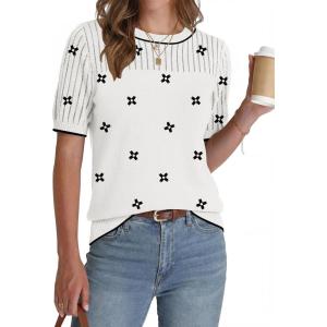 Zeagoo Women’s Short Sleeve Sweater Tops 2026 Spring Summer Crew Neck Hollow Out Blouses Dressy Business Casual Outfits(Black Flower)