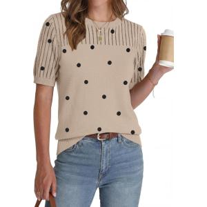 Zeagoo Women’s Short Sleeve Sweater Tops 2026 Spring Summer Crew Neck Hollow Out Blouses Dressy Business Casual Outfits(Black Polka Dots)