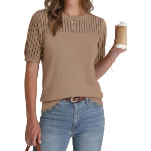 Zeagoo Women’s Short Sleeve Sweater Tops 2026 Spring Summer Crew Neck Hollow Out Blouses Dressy Business Casual Outfits(Khaki)