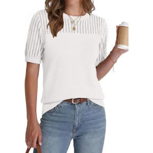 Zeagoo Women’s Short Sleeve Sweater Tops 2026 Spring Summer Crew Neck Hollow Out Blouses Dressy Business Casual Outfits(White)