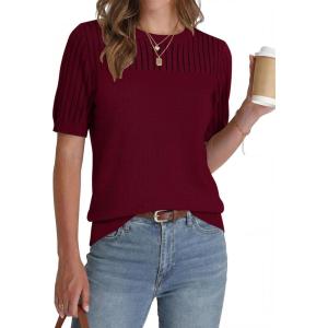 Zeagoo Women’s Short Sleeve Sweater Tops 2026 Spring Summer Crew Neck Hollow Out Blouses Dressy Business Casual Outfits(Wine Red)