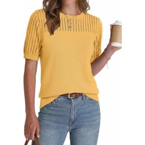Zeagoo Women’s Short Sleeve Sweater Tops 2026 Spring Summer Crew Neck Hollow Out Blouses Dressy Business Casual Outfits(Yellow)