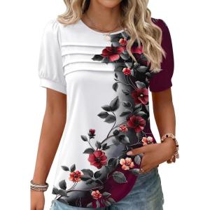 Zeagoo Womens Short Sleeve Tops Floral Boho Shirts Pleated Crewneck Summer Outfit Puff Sleeve Blouses Casual Tunic(Bf183)