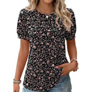Zeagoo Womens Short Sleeve Tops Floral Boho Shirts Pleated Crewneck Summer Outfit Puff Sleeve Blouses Casual Tunic(Floral Black 532)
