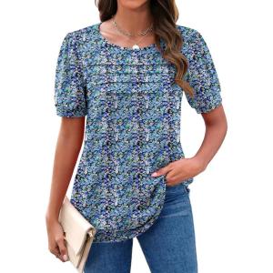 Zeagoo Womens Short Sleeve Tops Floral Boho Shirts Pleated Crewneck Summer Outfit Puff Sleeve Blouses Casual Tunic(Pa236)