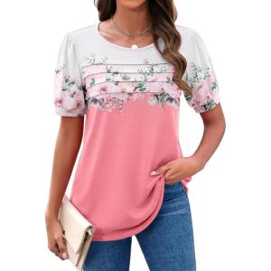 Zeagoo Womens Short Sleeve Tops Floral Boho Shirts Pleated Crewneck Summer Outfit Puff Sleeve Blouses Casual Tunic(Pink Flower)