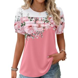 Zeagoo Womens Short Sleeve Tops Floral Boho Shirts Pleated Crewneck Summer Outfit Puff Sleeve Blouses Casual Tunic(Sf122)