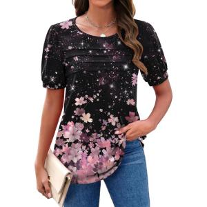Zeagoo Womens Short Sleeve Tops Floral Boho Shirts Pleated Crewneck Summer Outfit Puff Sleeve Blouses Casual Tunic(Sf31)