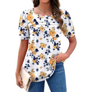 Zeagoo Womens Short Sleeve Tops Floral Boho Shirts Pleated Crewneck Summer Outfit Puff Sleeve Blouses Casual Tunic(Wf38)