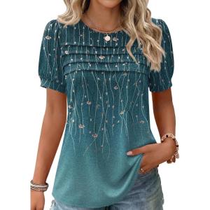 Zeagoo Womens Short Sleeve Tops Floral Boho Shirts Pleated Crewneck Summer Outfit Puff Sleeve Blouses Casual Tunic(Xh3636)