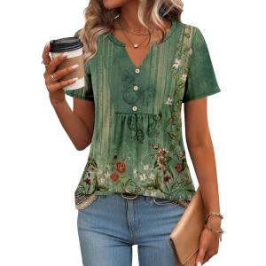Zeagoo Womens Short Sleeve Tops Summer Henley V-Neck Tshirts Casual Pleated Blouse Dressy Loose Floral Basic Tee(01-green Ethnic Pattern)