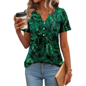 Zeagoo Womens Short Sleeve Tops Summer Henley V-Neck Tshirts Casual Pleated Blouse Dressy Loose Floral Basic Tee(01-green Leaf Floral)