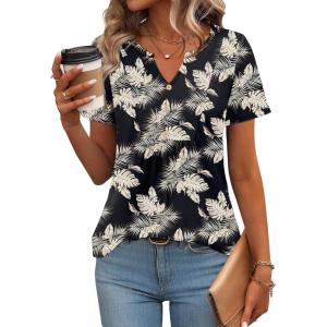 Zeagoo Womens Short Sleeve Tops Summer Henley V-Neck Tshirts Casual Pleated Blouse Dressy Loose Floral Basic Tee(Black Leaf Floral)