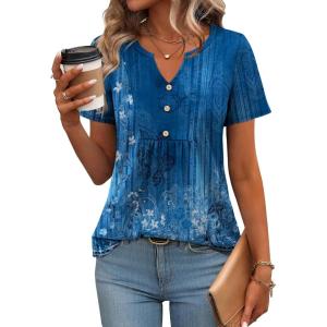 Zeagoo Womens Short Sleeve Tops Summer Henley V-Neck Tshirts Casual Pleated Blouse Dressy Loose Floral Basic Tee(Blue Ethnic Floral)