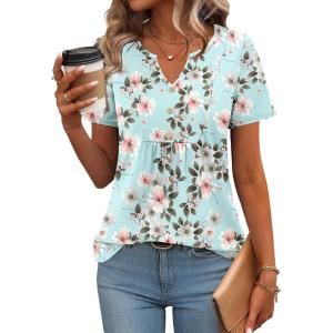 Zeagoo Womens Short Sleeve Tops Summer Henley V-Neck Tshirts Casual Pleated Blouse Dressy Loose Floral Basic Tee(Blue Floral)