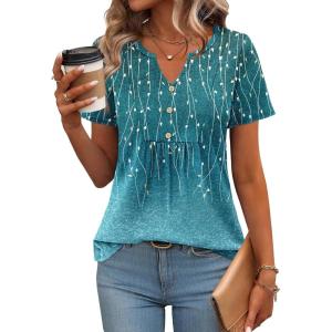 Zeagoo Womens Short Sleeve Tops Summer Henley V-Neck Tshirts Casual Pleated Blouse Dressy Loose Floral Basic Tee(Blue Floral Print)