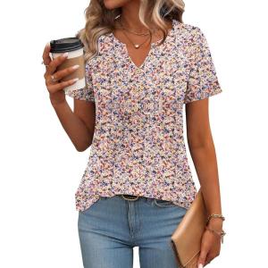 Zeagoo Womens Short Sleeve Tops Summer Henley V-Neck Tshirts Casual Pleated Blouse Dressy Loose Floral Basic Tee(Blue Pink Floral)