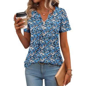 Zeagoo Womens Short Sleeve Tops Summer Henley V-Neck Tshirts Casual Pleated Blouse Dressy Loose Floral Basic Tee(Blue Yellow Floral)