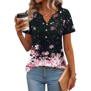 Zeagoo Womens Short Sleeve Tops Summer Henley V-Neck Tshirts Casual Pleated Blouse Dressy Loose Floral Basic Tee(Gradient Flowers-black and Pink)