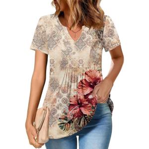 Zeagoo Womens Short Sleeve Tops Summer Henley V-Neck Tshirts Casual Pleated Blouse Dressy Loose Floral Basic Tee(Khkai Floral)