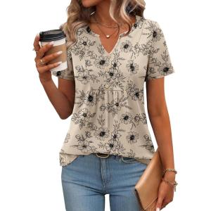 Zeagoo Womens Short Sleeve Tops Summer Henley V-Neck Tshirts Casual Pleated Blouse Dressy Loose Floral Basic Tee(Light Coffee Floral)