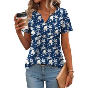 Zeagoo Womens Short Sleeve Tops Summer Henley V-Neck Tshirts Casual Pleated Blouse Dressy Loose Floral Basic Tee(Navy Blue White Floral)