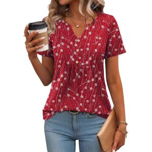 Zeagoo Womens Short Sleeve Tops Summer Henley V-Neck Tshirts Casual Pleated Blouse Dressy Loose Floral Basic Tee(Red Floral)